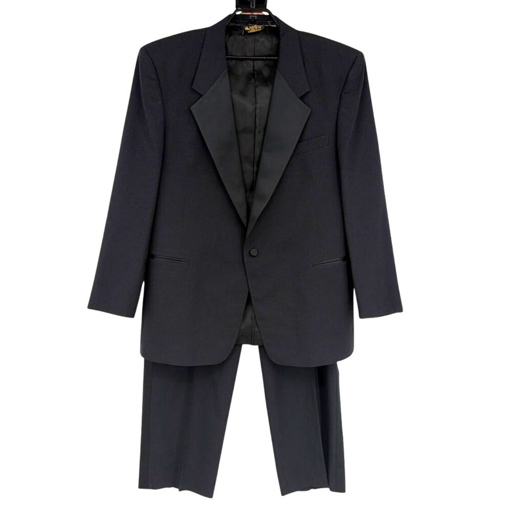 Vtg Adolfo 100% Wool Tuxedo Suit Sz 50 Prom Wedding Satin Lapel Black Union Made